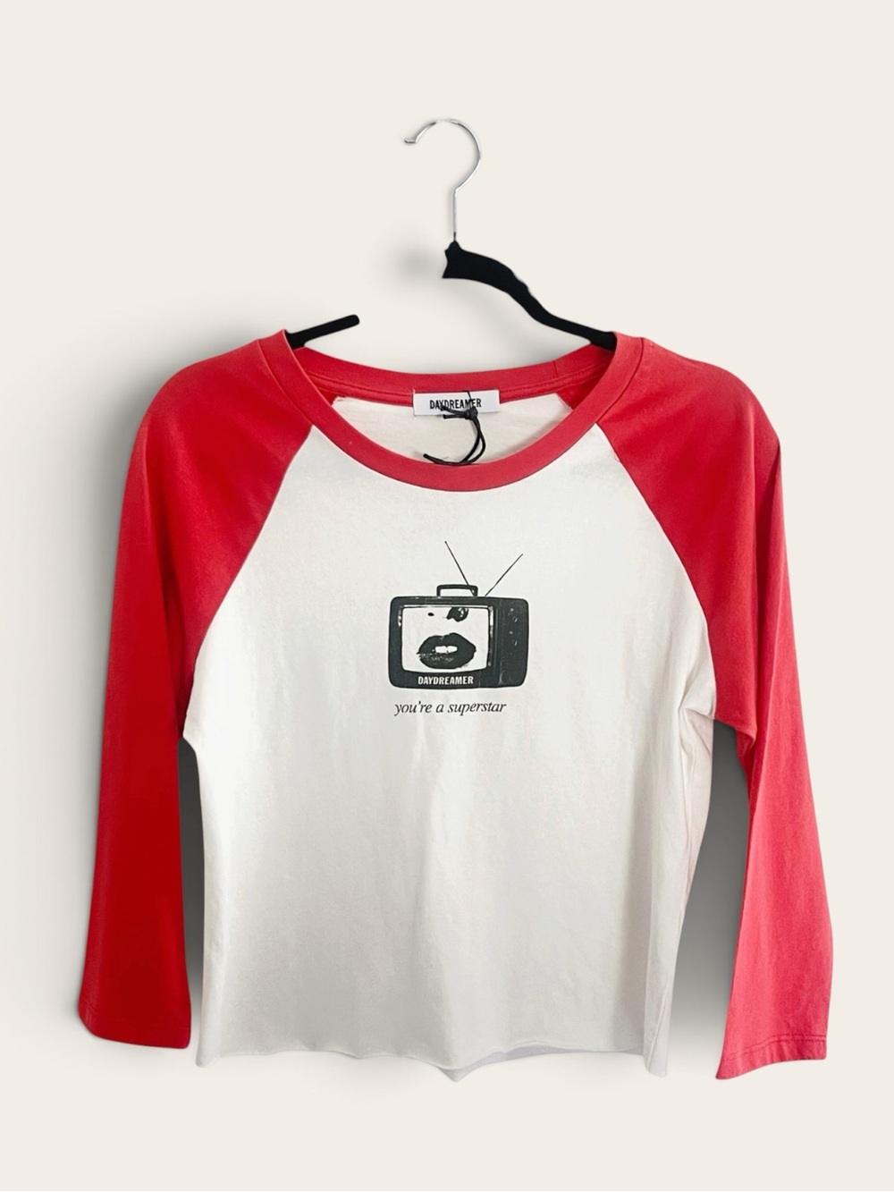 Daydreamer Red & White Raglan Long Sleeve Tee with TV Graphic